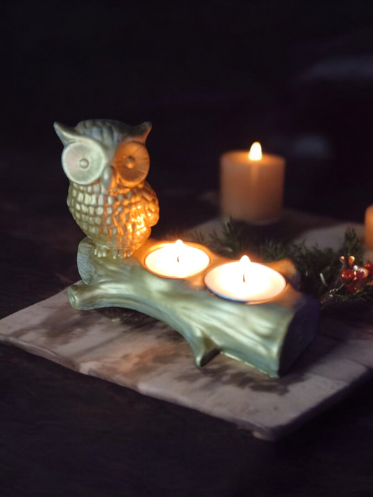 Handmade Cement Owl Tealight Holder (Gold)