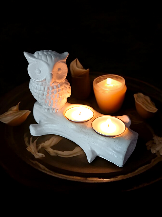 Handmade Cement Owl Tealight Holder (White)