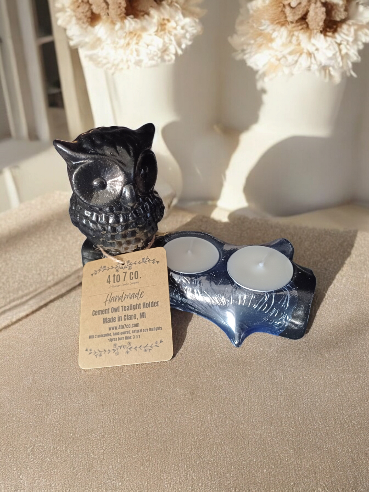 Handmade Cement Owl Tealight Holder (Black)